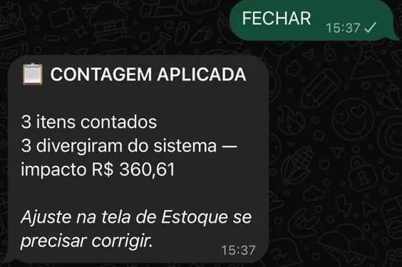 Resposta do assistente no WhatsApp: contagem aplicada, 3 itens contados, 3 divergiram do sistema com impacto de R$ 360,61